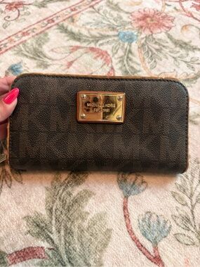 Michael Kors Brown Logo Zip Around Wallet with Gold Plate